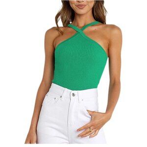 Crisscross Halter Green Ribbed Tank Top Large 65% Cotton 35% Polyester